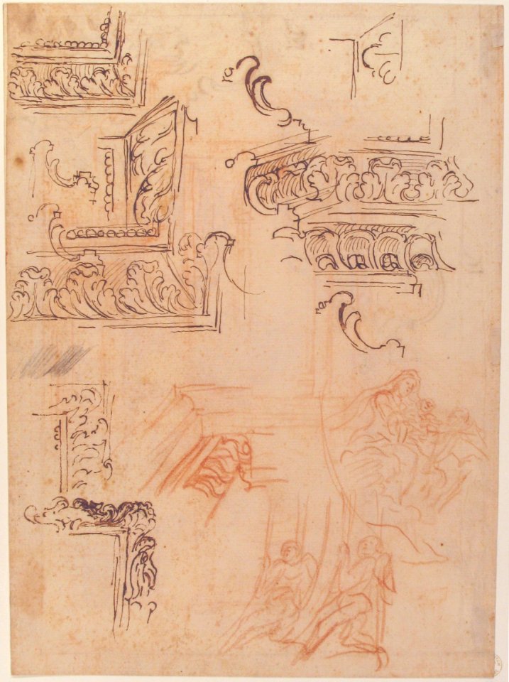 Studies of Architectural Moldings, of the Virgin and Child with a Kneeling Saint, and of Two Angels Supporting Frames (recto); Studies for Architectural Mouldings (verso) MET 66.35 RECTO