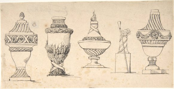 Studies for four urns with a walking stick and hat MET DP810464
