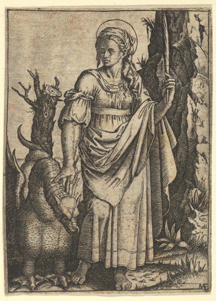 St Margaret holding a palm in her raised left hand, a dragon at her right MET DP853513