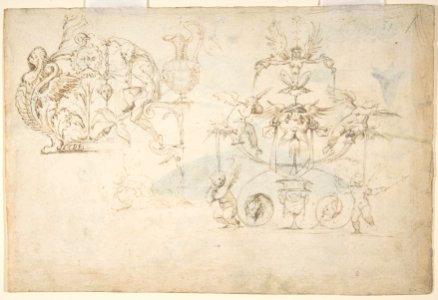 Studies of a Gentian, Moth, Birds, Cats, Interlacing Motif, and Greek Frets (recto); Ornamental Studies with Figures (verso) MET DP809961