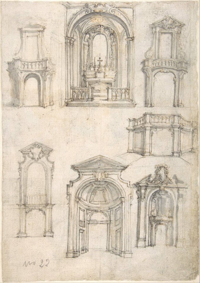 Studies for Coffee Urns, Arched-top Altars, and an Altar Project for the Baptistery of Florence Cathedral (Recto). Studies for Chapels and Portals (Verso). MET DP809748