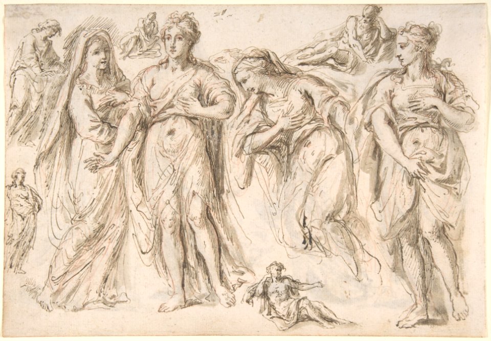 Studies of draped female and male figures; verso- Studies of draped female figures MET DP800026