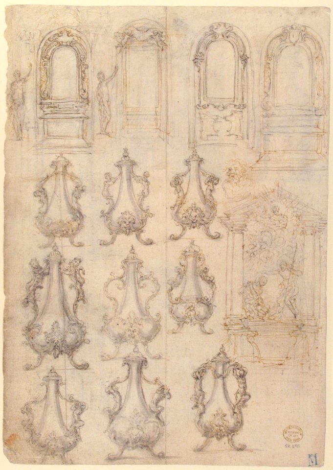 Studies for Coffee Urns, Arched-top Altars, and an Altar Project for the Baptistery of Florence Cathedral (Recto). Studies for Chapels and Portals (Verso). MET 52.591 RECTO