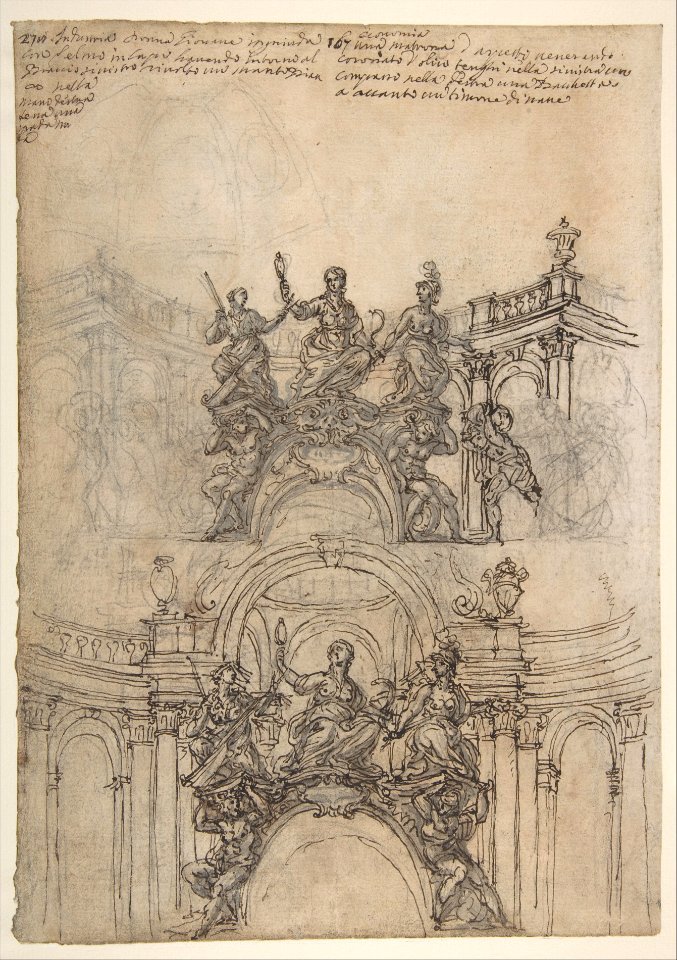 Studies for a Sculpture with Figures of Prudence, Industry and Economy Supported by Slaves and an Oval Plaque with Cartouche; Separate Study for a Cupola (Recto). Studies for Figural Ornament (Verso). MET DP809750