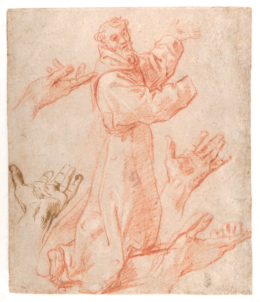 Studies for a Figure of Saint Francis Kneeling in a Three-Quarter View and for His Hands (recto); Studies for a Figure of Saint Francis Kneeling in Profile (verso) MET DP868315