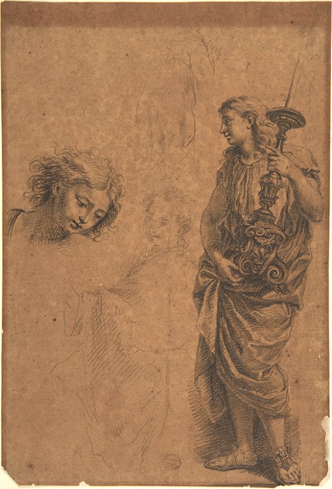 Studies- Figure Holding a Candlestand, Woman with Left Arm Extended, Head Looking Down towards the Right, Kneeling Woman MET DP802264