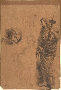 Studies- Figure Holding a Candlestand, Woman with Left Arm Extended, Head Looking Down towards the Right, Kneeling Woman MET DP802264