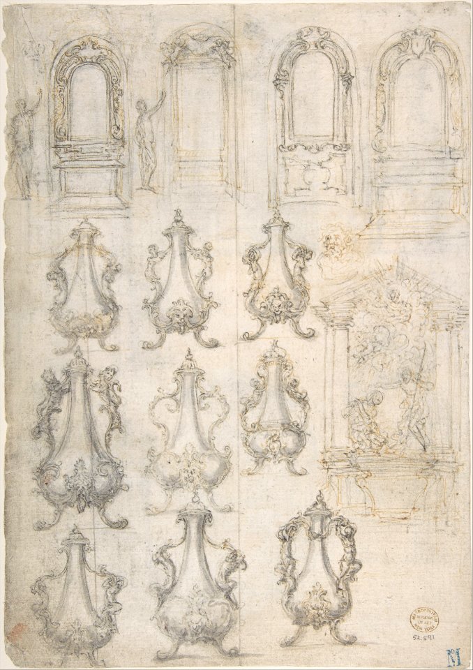 Studies for Coffee Urns, Arched-top Altars, and an Altar Project for the Baptistery of Florence Cathedral (Recto). Studies for Chapels and Portals (Verso). MET DP809747