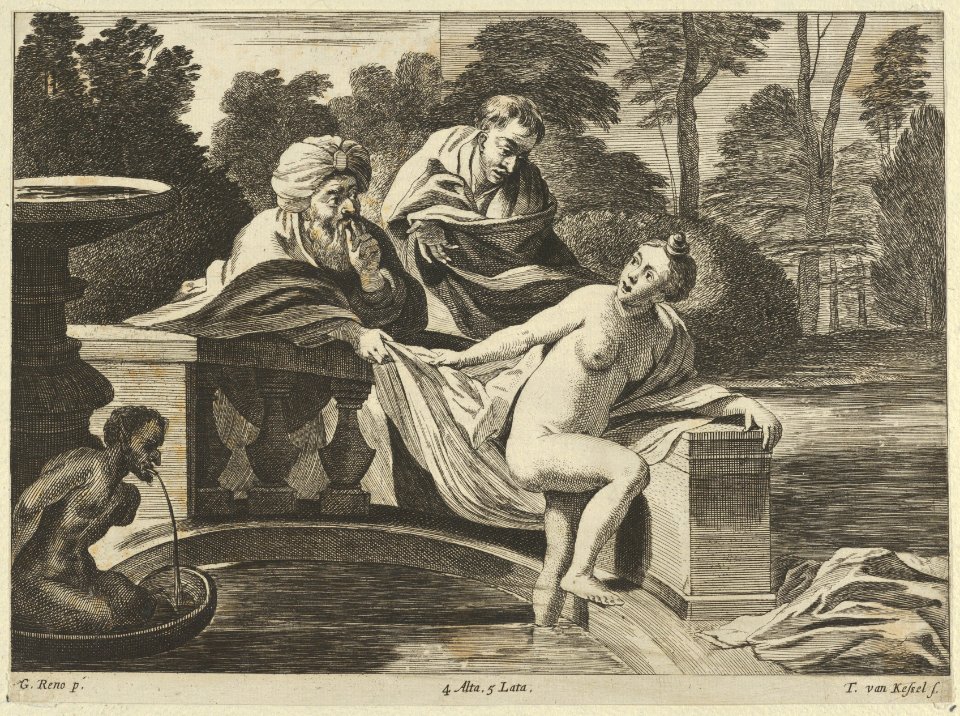 Susanna, partly naked and stepping out of a fountain with two elders at left, one of them pulling at her garment, after Reni MET DP841467