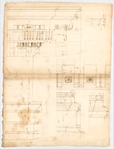 St Peter's, entablature profile; reflected ceiling details of the cornice, and profiles of column bases and pedestals (recto)St. Peter's, section through drum of model and entablature of upper story (verso) MET DP247310