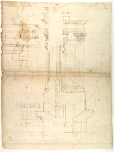 St Peter's, entablature profile; reflected ceiling details of the cornice, and profiles of column bases and pedestals (recto)St. Peter's, section through drum of model and entablature of upper story (verso) MET DP819044