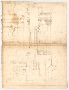 St Peter's, entablature profile; reflected ceiling details of the cornice, and profiles of column bases and pedestals (recto)St. Peter's, section through drum of model and entablature of upper story (verso) MET DP247311