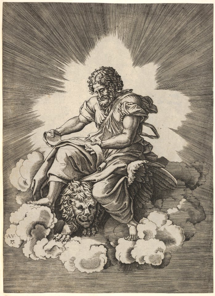 St. Mark, seated with an unfurled scroll in his hands, a winged lion's head and forefeet emerge beneath his robes, from a series of the four evangelists after Agostino Veneziano, which are in turn after Giulio Romano MET DP832536