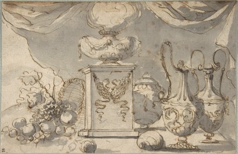 Still Life- Vases, a Cassolette on a Pedestal, and an Overturned Basket of Fruit MET DP807101