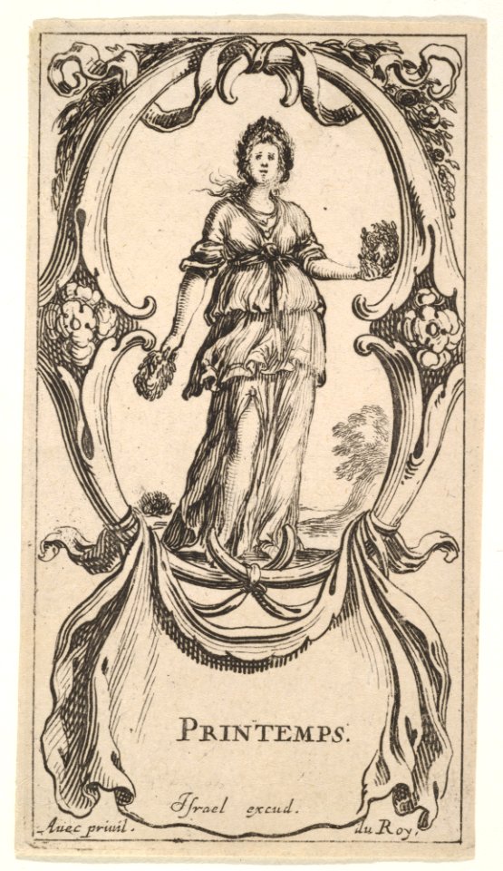Spring, a young girl within a wreath of flowers in each hand and another on her head, within a cartouche made of flowers, from 'The four Seasons' (Les quatre Saisons) MET DP833152
