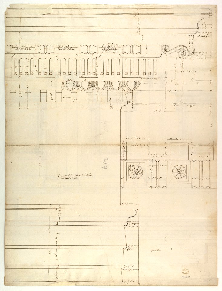 St. Peter's, drum, exterior, elevation (recto) St. Peter's, tribune, entablature, section and details (verso) MET DP819042