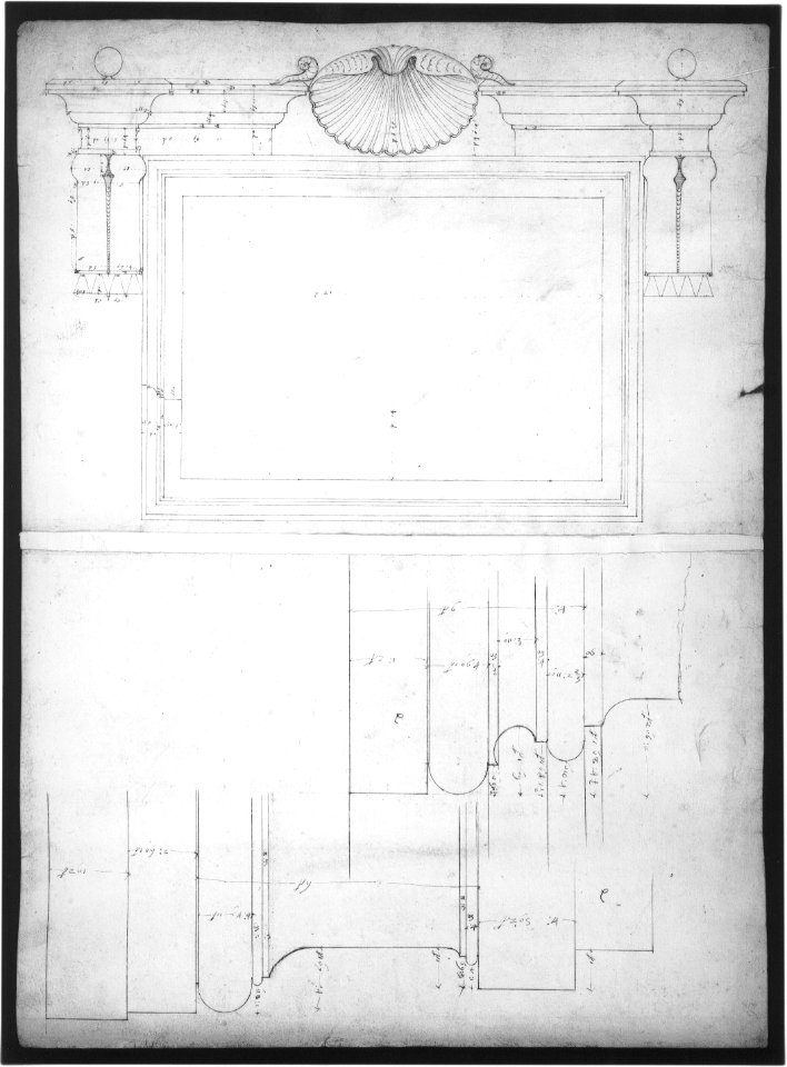 St. Peter's, attic, window, elevation (recto) St. Peter's, apse, plan; window, cornice, elevation profile; arch frame, elevation profile (verso) MET sf49 92 22r-MM31565