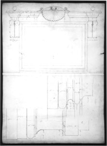 St. Peter's, attic, window, elevation (recto) St. Peter's, apse, plan; window, cornice, elevation profile; arch frame, elevation profile (verso) MET sf49 92 22r-MM31565
