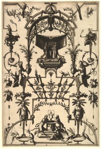 Surface Decoration, Grotesque with Strapwork and Pergolas, Burial Scene above center from Veelderleij Veranderinghe van grotissen ende Compertimenten...Libro Primo MET DP823075