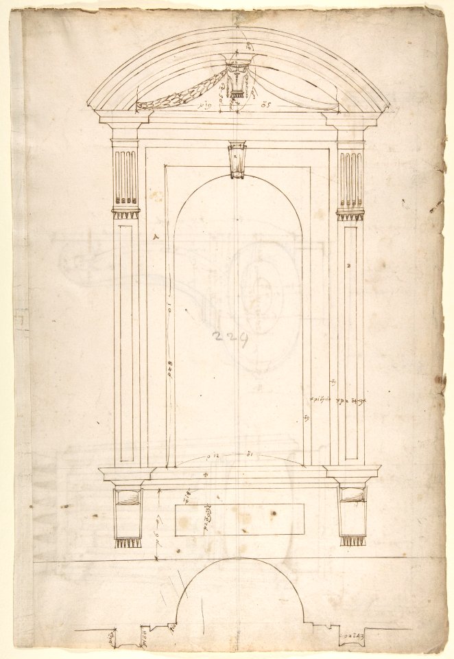 St. Peter's, apse, exterior niche details (recto) St Peter's, apse, exterior niche elevation and profile of scrolled console, elevation of column shaft (verso) MET DP810539