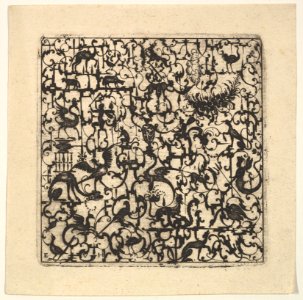 Square Blackwork Design in Silhouette Style with Schweifwerk and Grotesque Figures MET DP823434