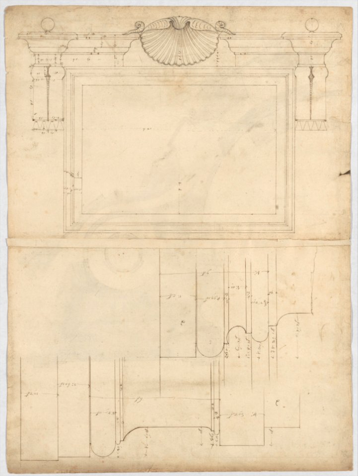St. Peter's, attic, window, elevation (recto) St. Peter's, apse, plan; window, cornice, elevation profile; arch frame, elevation profile (verso) MET DP247300
