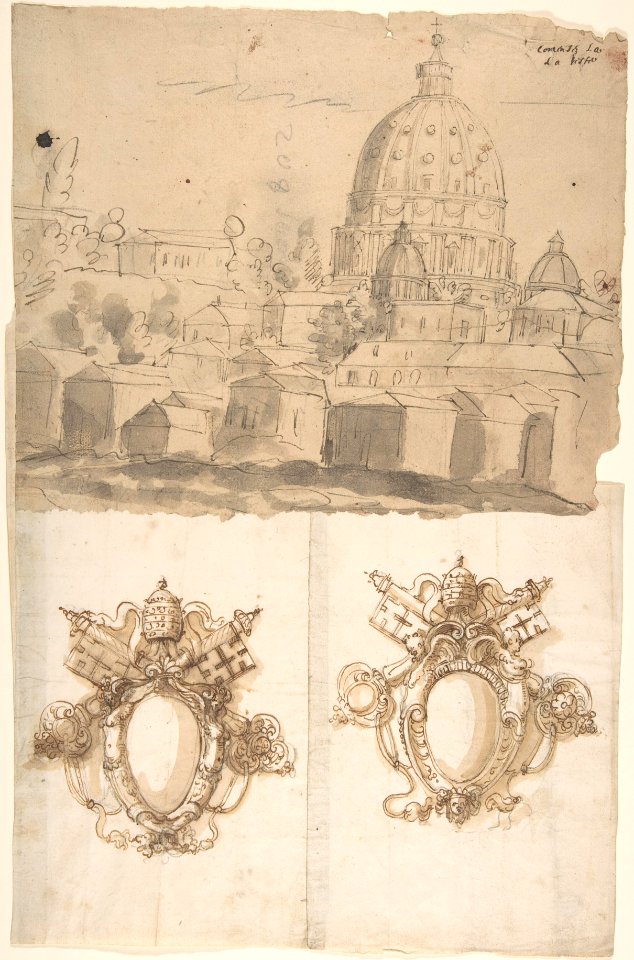 St. Peter's, view from the southeast; Unidentified, blank, papal escutcheons (recto) blank (verso) MET DP810527