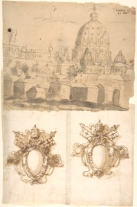 St. Peter's, view from the southeast; Unidentified, blank, papal escutcheons (recto) blank (verso) MET DP810527