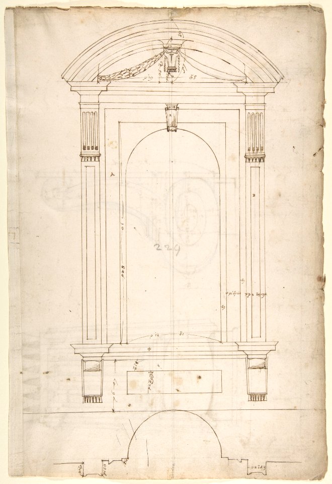 St. Peter's, apse, exterior niche details (recto) St Peter's, apse, exterior niche elevation and profile of scrolled console, elevation of column shaft (verso) MET DP810540