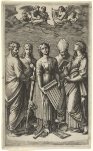 St Cecilia holding an organ, flanked by St Paul, St John the Evangelist, St Augustine and Mary Magdalen, musical angels above MET DP853518