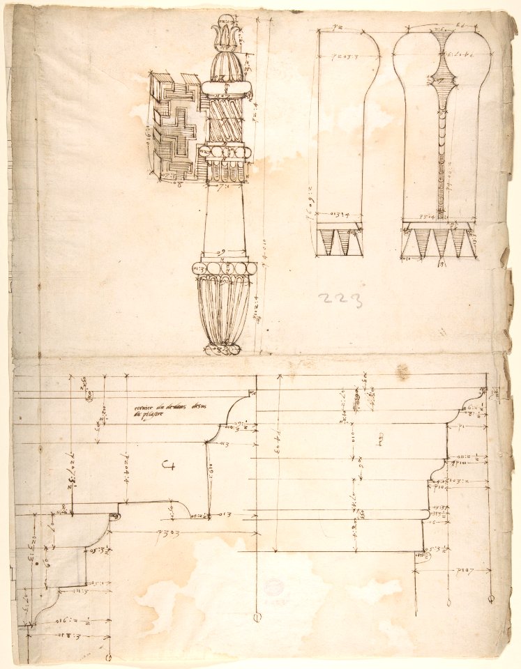 St. Peter's, cornice and architrave, profile; key, elevation; triglyph and guttae, elevation and section (recto) blank (verso) MET DP810530