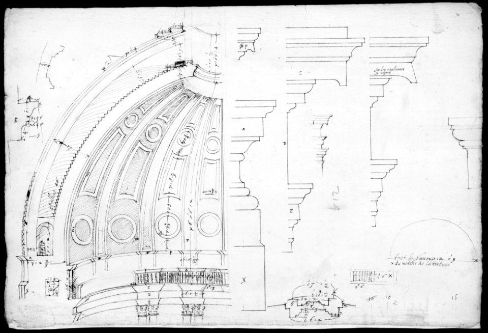St. Peter's, dome and drum, interior section and elevation, and labeled details (recto); St. Peter's, moulding profiles, details (verso) MET MM31570