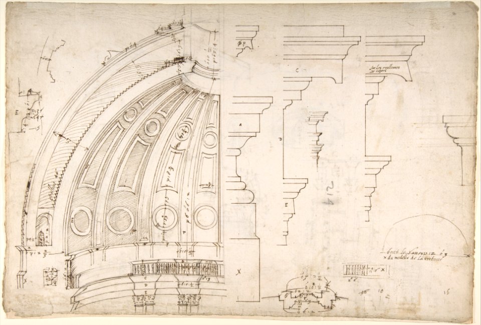 St. Peter's, dome and drum, interior section and elevation, and labeled details (recto); St. Peter's, moulding profiles, details (verso) MET DP810517