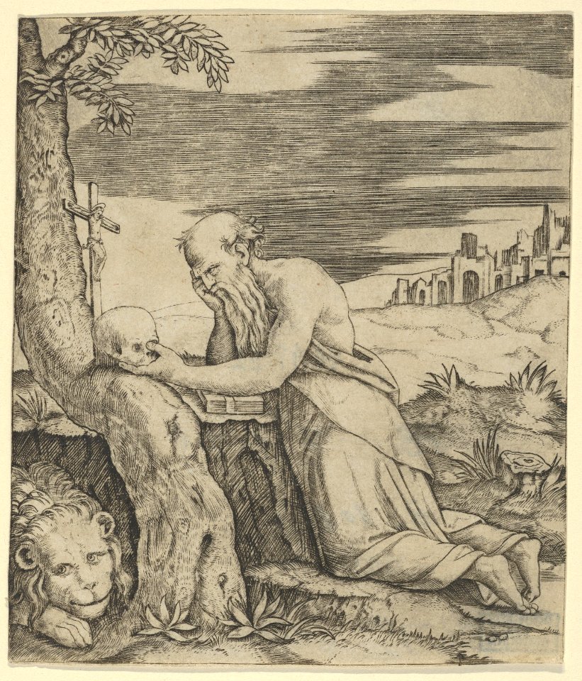 St Jerome kneeling before a crucifix, a skull in his left hand, a lion laying at the left MET DP853122