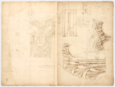 St. Peter's, Corinthian capital, elevation; base, elevation; volute, end elevation, profile, and view from below (recto) St. Peter's, Corinthian capital, acanthus leaf details and profiles of two cornice mouldings (verso) MET DP247297