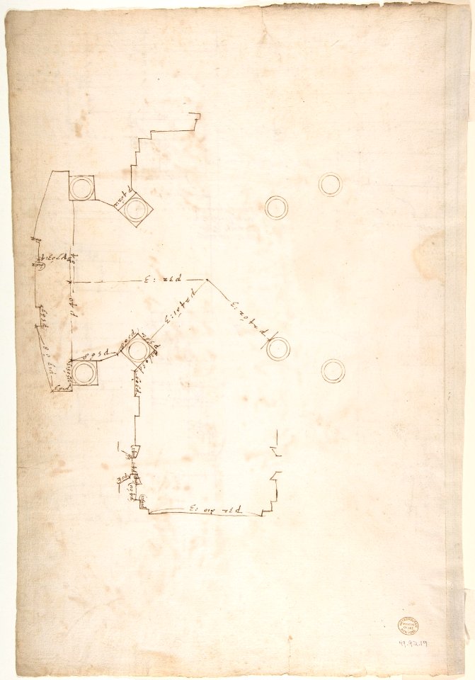 St. Peter's, tribune, exterior, entablature and cornice details (recto)Santa Maria Maggiore, Sforza Chapel, plan, detail (verso) MET DP810524