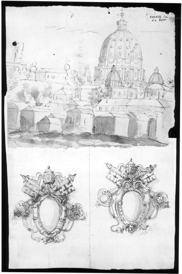 St. Peter's, view from the southeast; Unidentified, blank, papal escutcheons (recto) blank (verso) MET sf49 92 55r-MM31821