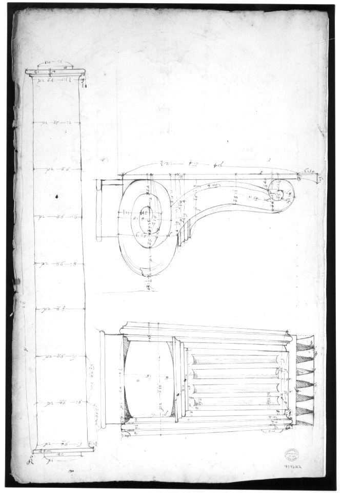 St. Peter's, apse, exterior niche details (recto) St Peter's, apse, exterior niche elevation and profile of scrolled console, elevation of column shaft (verso) MET sf49 92 42v-MM31818