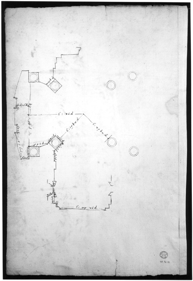 St. Peter's, tribune, exterior, entablature and cornice details (recto)Santa Maria Maggiore, Sforza Chapel, plan, detail (verso) MET sf49 92 19v-MM35202
