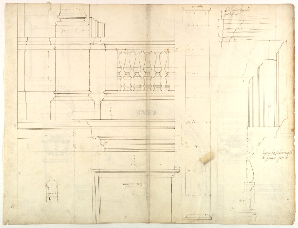 St. Peter's, exterior, tabernacle, elevation and section at base with details of pedestal and railing, (recto)St. Peter's, exterior, tabernacle, elevation and section at arched opening (verso) MET DP819021