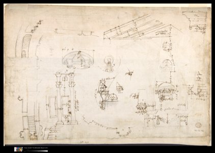 St. Peter's, dome and drum, interior section and elevation, and labeled details (recto); St. Peter's, moulding profiles, details (verso) MET DP810519