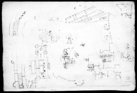 St. Peter's, dome and drum, interior section and elevation, and labeled details (recto); St. Peter's, moulding profiles, details (verso) MET MM31571
