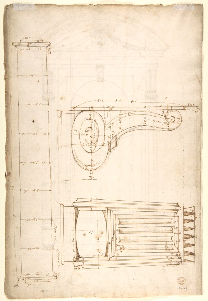 St. Peter's, apse, exterior niche details (recto) St Peter's, apse, exterior niche elevation and profile of scrolled console, elevation of column shaft (verso) MET DP810541