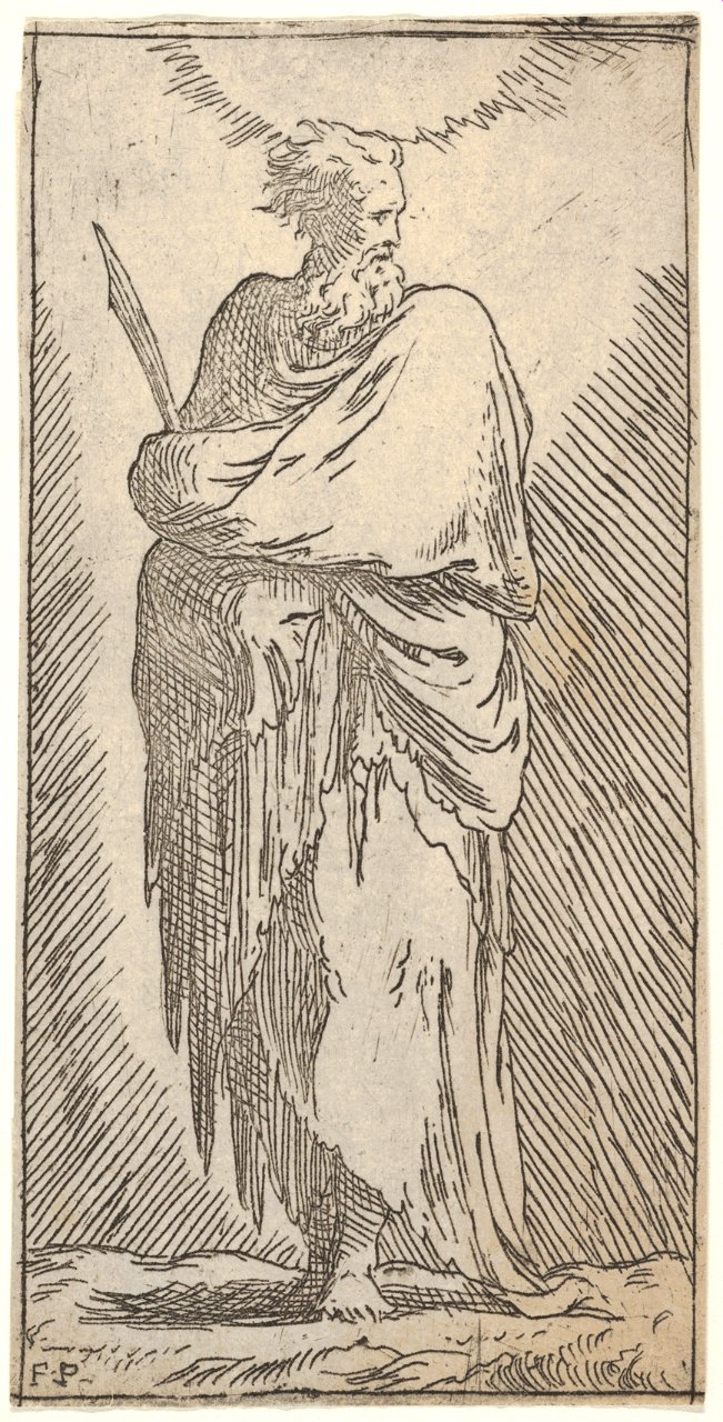 St. Bartholomew, standing in frontal view with head facing to right and holding martyr's palm with both arms, from the series 'Christ and the Twelve Apostles', Parmigianino