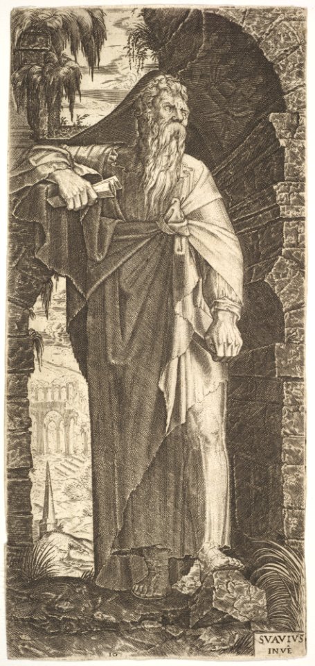 St. Paul standing under an overgrown arch, his left foot poised upon a rock, his right hand grasping a scroll, from a series of full-length figures of Christ and the Twelve Apostles MET DP828374