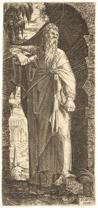 St. Paul standing under an overgrown arch, his left foot poised upon a rock, his right hand grasping a scroll, from a series of full-length figures of Christ and the Twelve Apostles MET DP828374