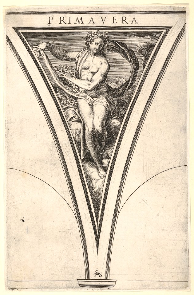 Spring (Primavera) represented as a woman bearing a billowing drape and garlands, a spandrel-shaped composition from the series 'The Four Seasons' after Polidoro da Caravaggio MET DP832098