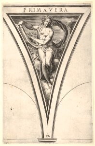 Spring (Primavera) represented as a woman bearing a billowing drape and garlands, a spandrel-shaped composition from the series 'The Four Seasons' after Polidoro da Caravaggio MET DP832098