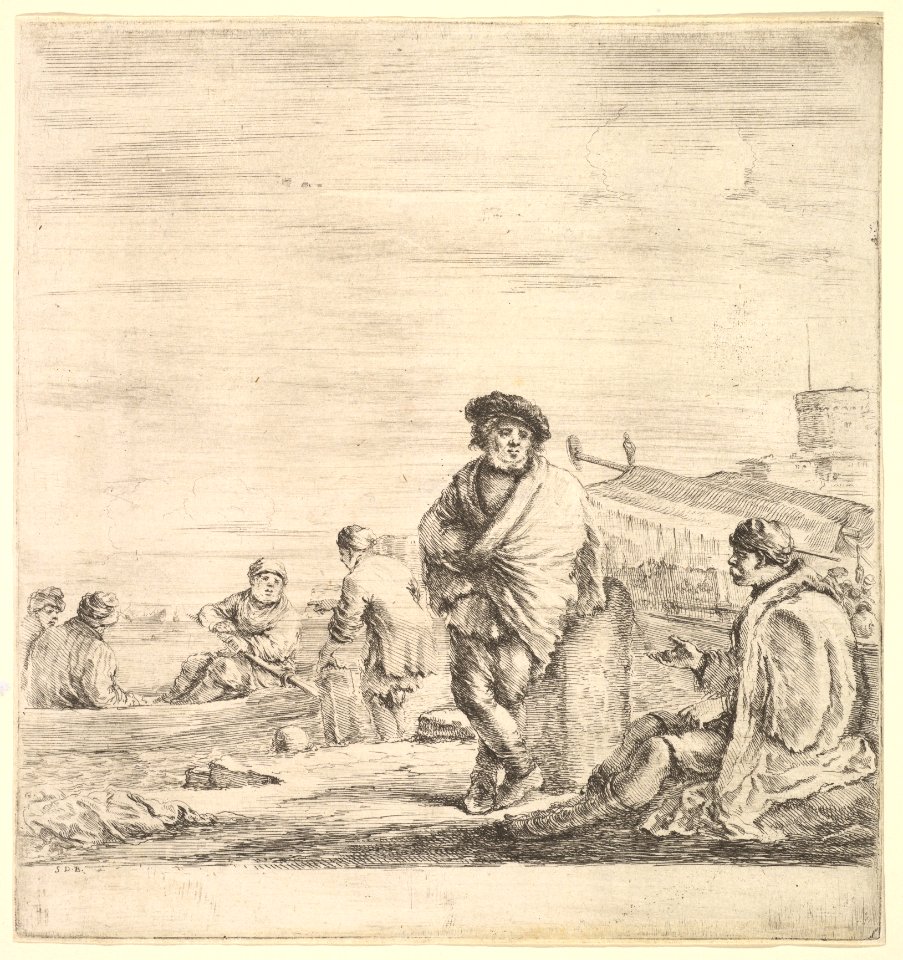 Standing sailor in center talking to a seated Levantine man to left, seen in profile, other sailors with a boat to left in the background MET DP827746