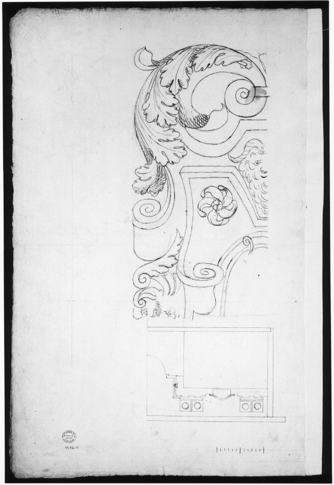 St Peter's, cornice, exterior, profile (recto) Unidentified, moulding, elevation; Unidentified structure, plan (verso) MET sf49 92 14v-MM37871